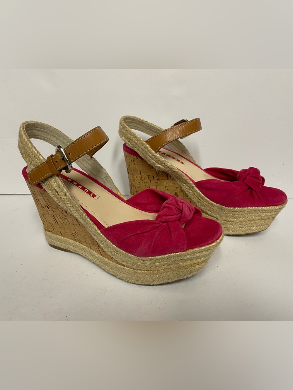 Prada sport Pink Knot Espadrille Wedge Sandals suede 36